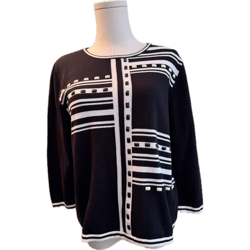 Women’s Alfred Dunner Crewneck Beaded Striped Sweater, Petite Large, Black White